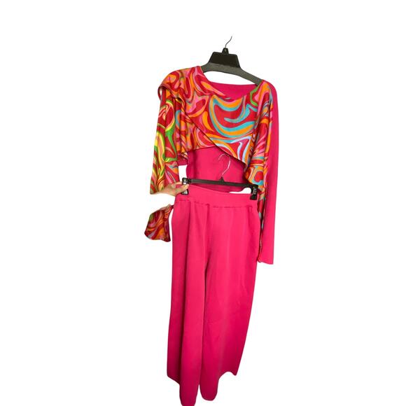 NWT Made With Love Sweater top pant set MED Abstract Retro Pink Knit Contemp - Picture 1 of 8